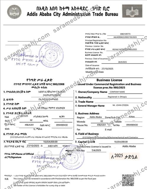 Ethiopia Addis Ababa business license Word and PDF template